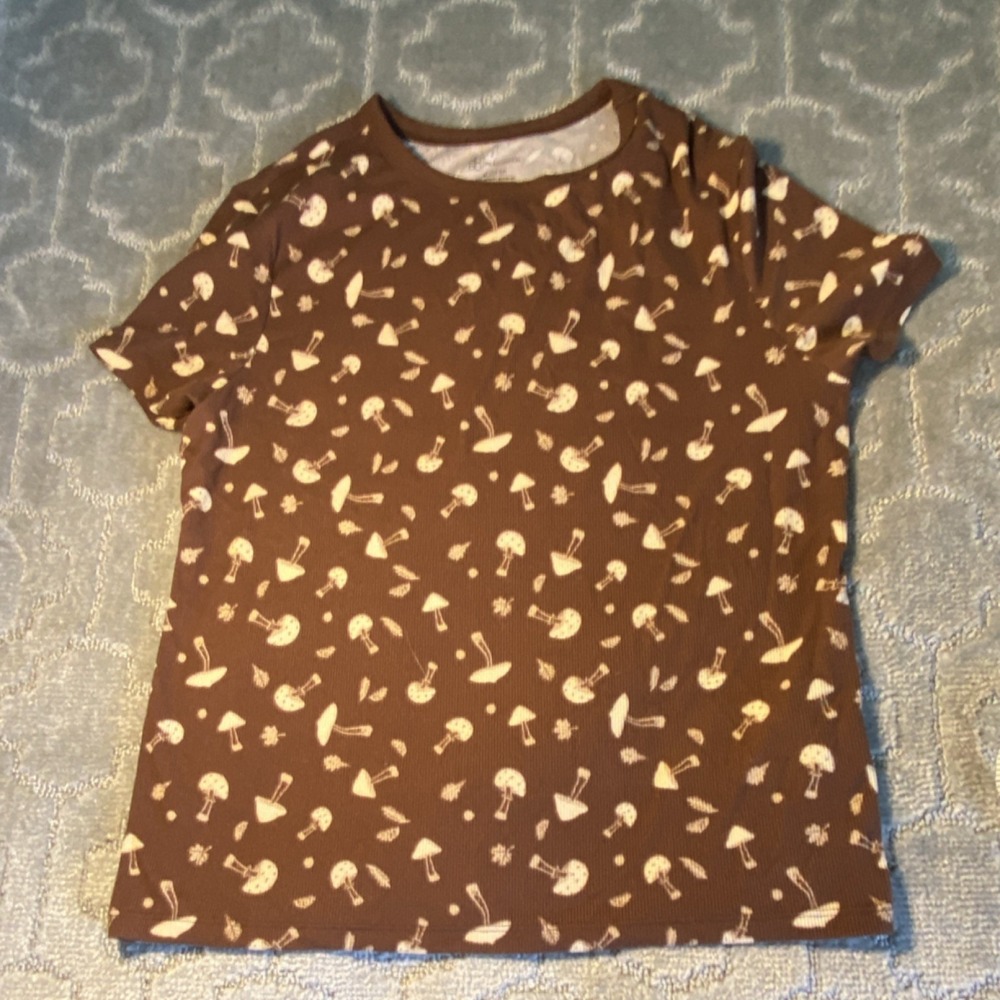 Mushroom Print Ribbed Tee‎ Brown Goblincore Cottagecore Juniors XL Shirt Granola